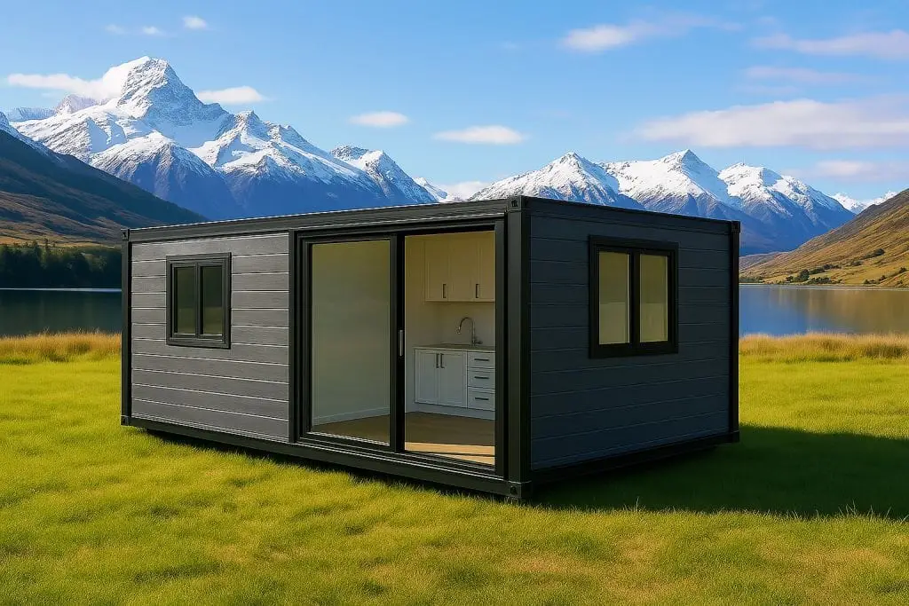 Modern grey modular cabin for sale NZ with sliding glass doors and sleek exterior, situated in a scenic alpine landscape with mountains and lake