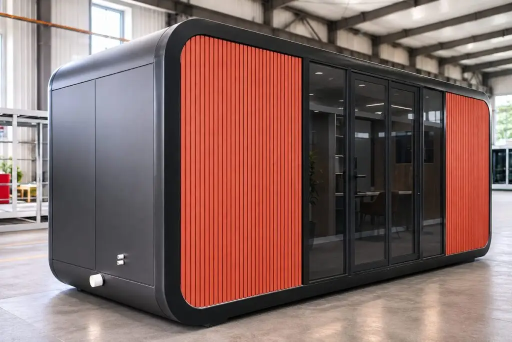 Black and red Apple Cabin with full-height glass doors displayed inside a manufacturing facility