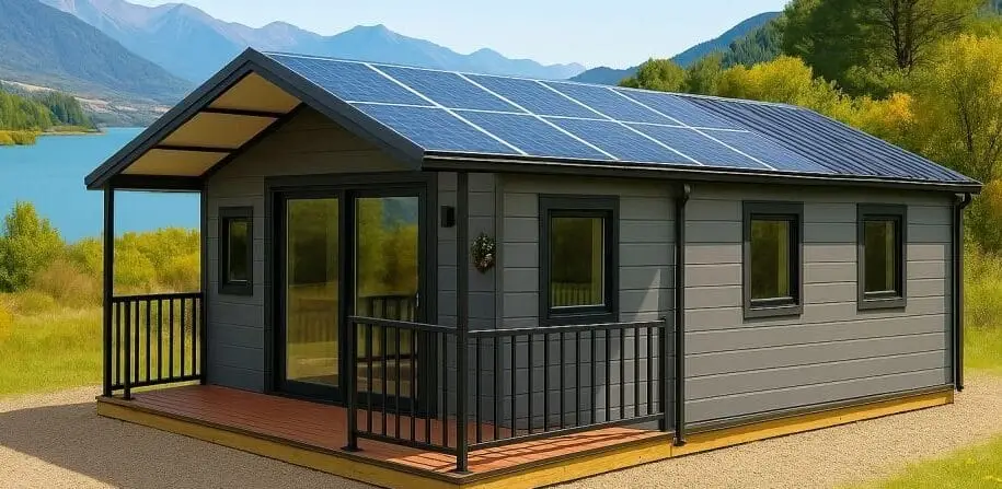 Off grid solar NZ – tiny home with rooftop solar panels and covered deck (Portable Dwellings)
