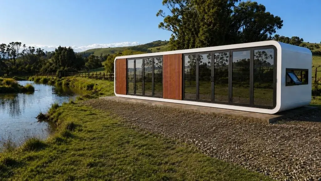 40ft Apple Cabin pod home beside a lake