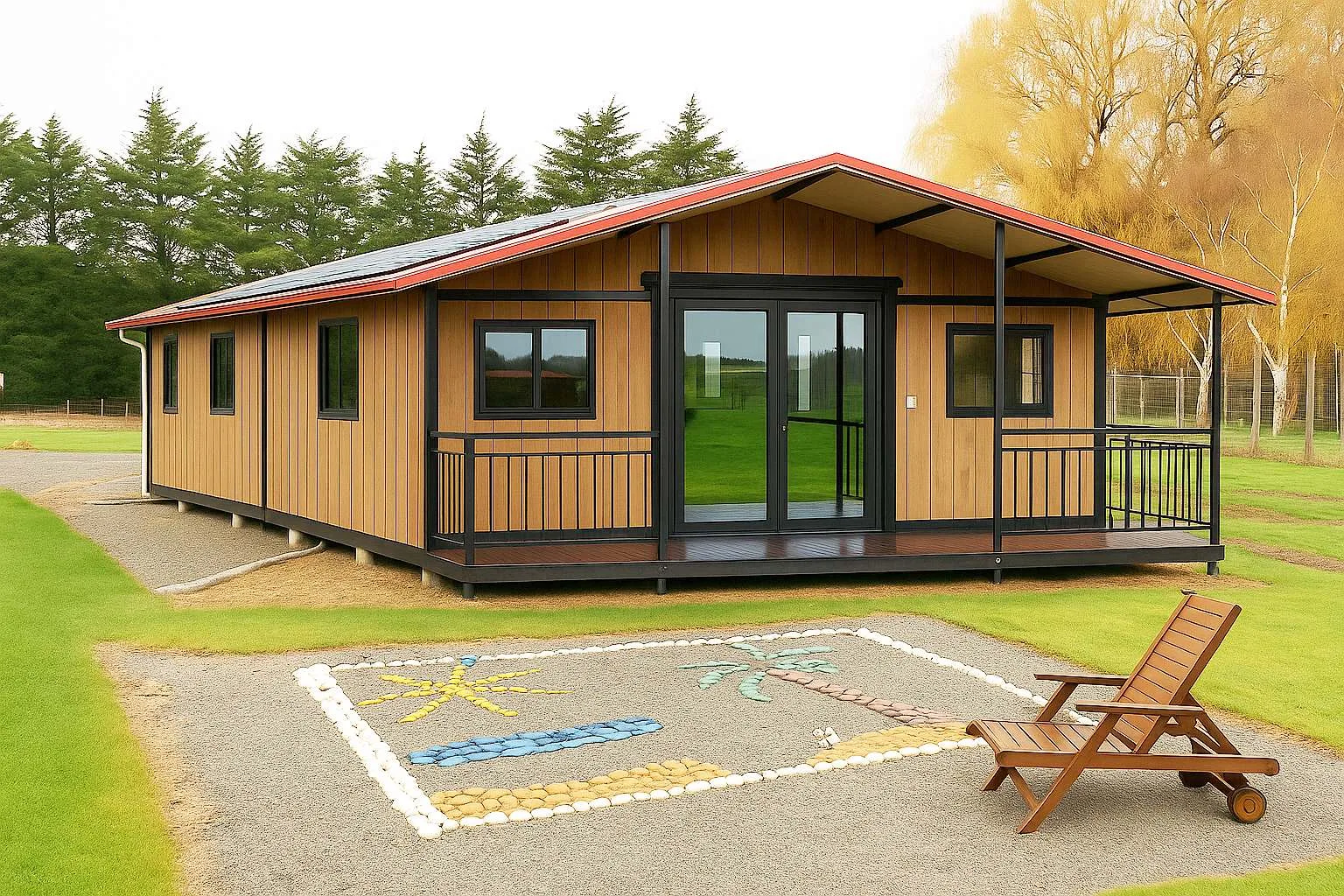 Modern 30ft portable home with rooftop solar panels