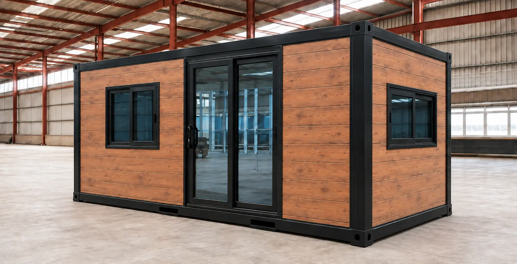 The Cabin — compact cabin with decorative cladding, sliding glass doors and a side window
