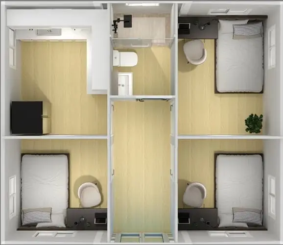 Efficient floor plan layout for portable cabins NZ and transportable homes, featuring practical spaces for comfortable living