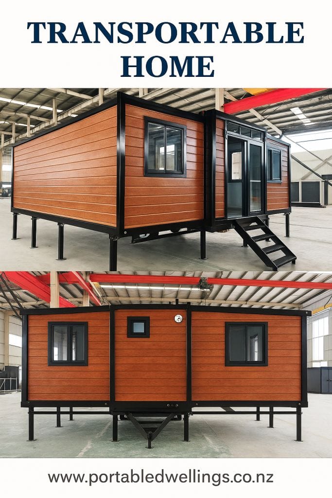 Modern transportable home with timber-look cladding and black steel framing, designed by Portable Dwellings, displayed inside a factory setting.