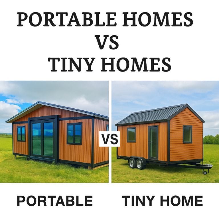 portable homes vs tiny homes comparison – 30 ft portable home alongside tiny home on wheels in rural NZ setting