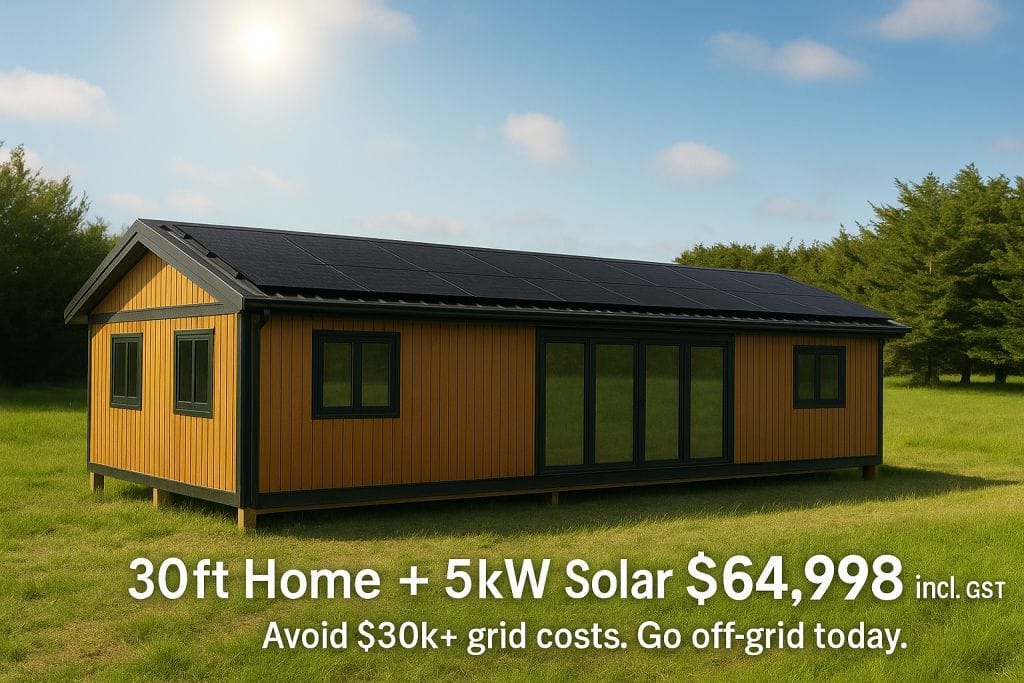 30ft off grid home in New Zealand with flush black solar panels on roof, portable dwelling designed for sustainable rural living