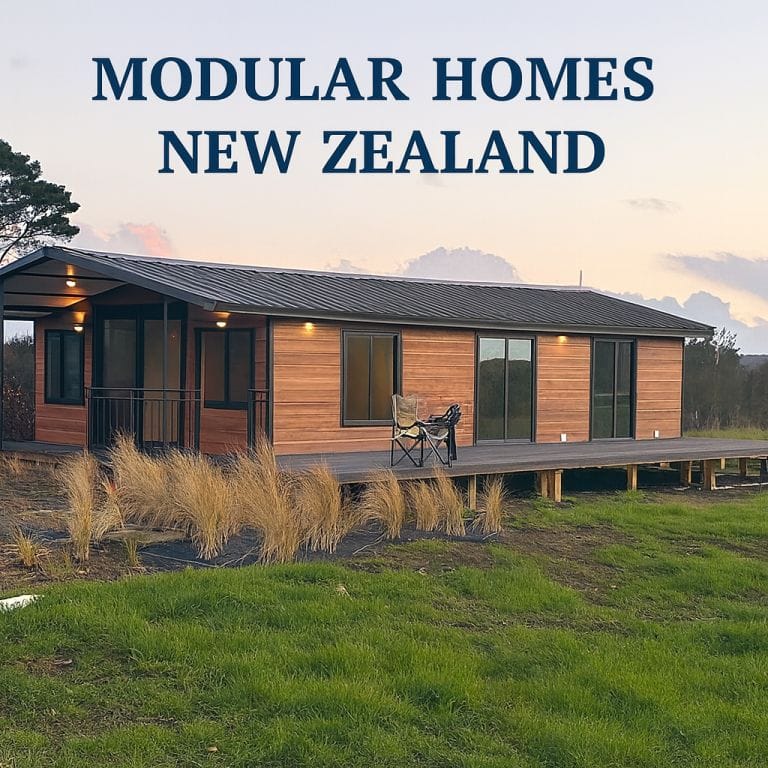 Modern modular home in New Zealand with timber-look cladding, gable roof, large windows, and spacious front deck, designed for affordable and flexible living.