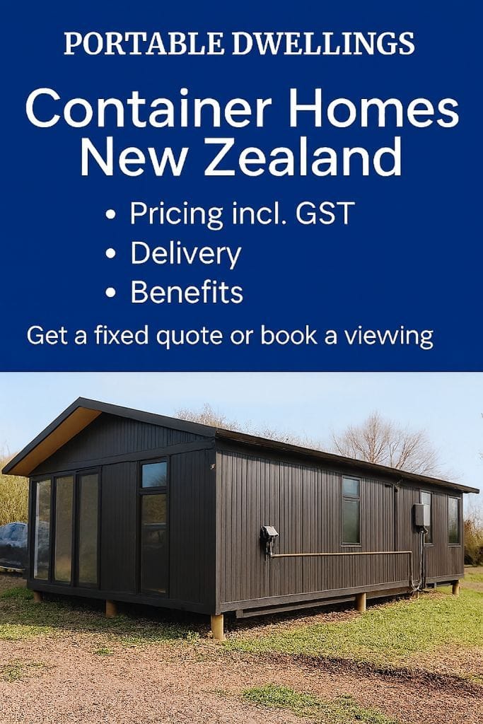 Modern black container home in New Zealand countryside with Portable Dwellings promotional text highlighting pricing, delivery, and benefits.