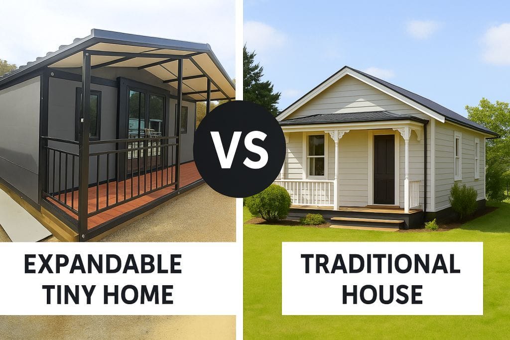 Expandable tiny home compared with a traditional house