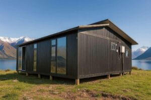 Black modern container home in New Zealand built by Portable Dwellings