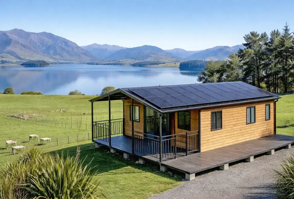 20ft premium expandable home on a New Zealand lifestyle block with rooftop solar and a full-length deck