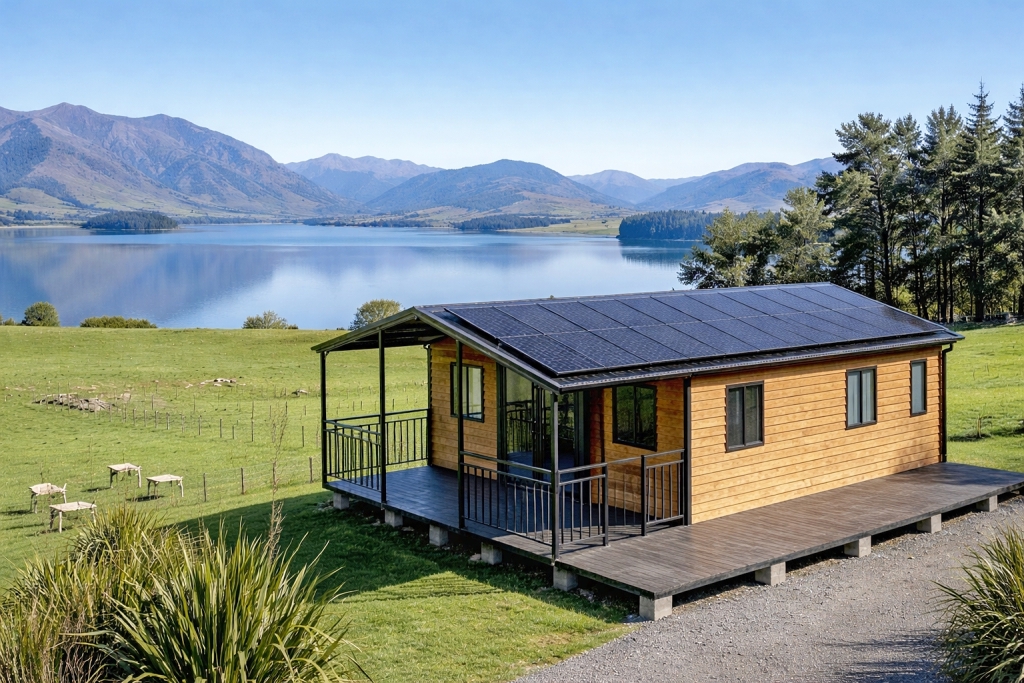 20ft wooden portable home with roof solar panels and deck beside a lake and mountains