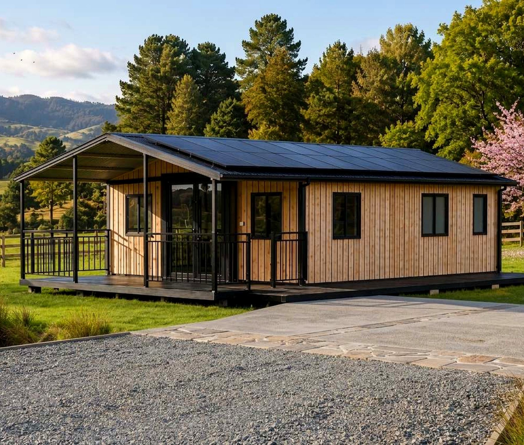 Expandable home in New Zealand with rooftop solar, supplied and delivered by Portable Dwellings