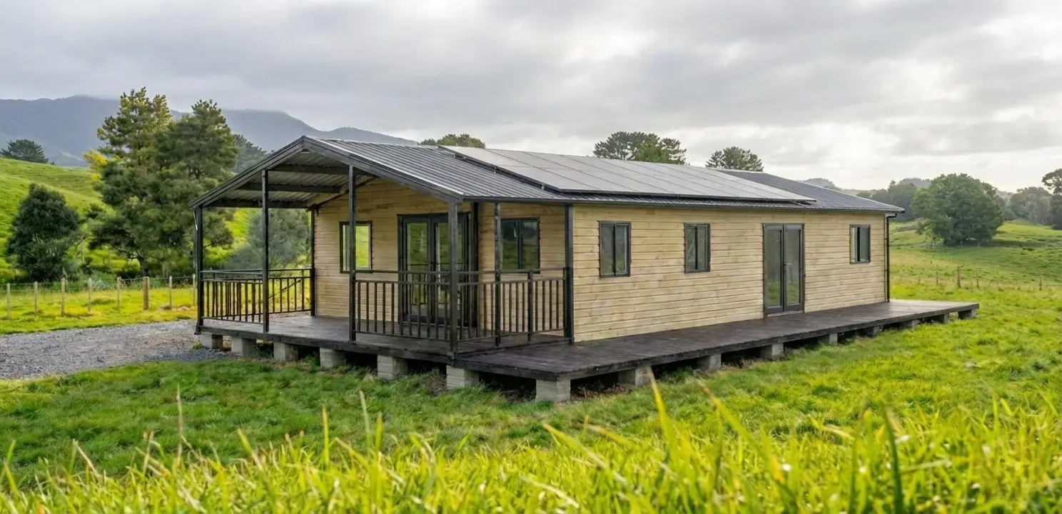 Expandable home with rooftop solar and a front deck on a New Zealand rural property