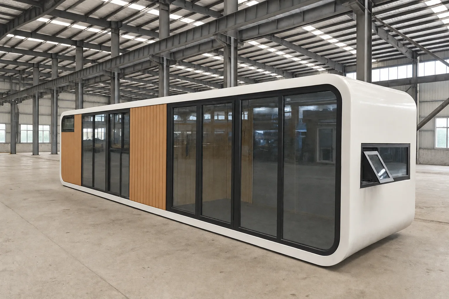 40ft Apple Cabin with curved white shell, timber-look panels and full glass frontage